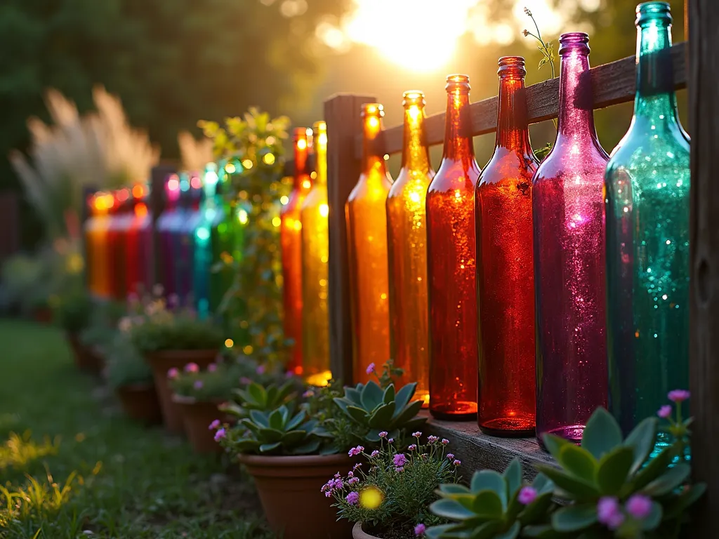 Enchanting Rainbow Glass Bottle Fence at Sunset - A stunning bohemian garden fence made of recycled colored glass bottles arranged in a rainbow pattern, photographed during golden hour. The setting sun's rays shine through hundreds of emerald, cobalt, amber, ruby, and purple bottles embedded between rustic wooden posts, creating a mesmerizing light display across the garden. The fence spans 15 feet, with climbing jasmine and morning glory vines weaving between the bottles. Fairy lights twinkle behind the fence, while potted succulents and wildflowers line its base. Shot with shallow depth of field focusing on the luminous bottles, capturing the magical interplay of light and color. The background features a blurred cottage garden with swaying ornamental grasses and flowering perennials.