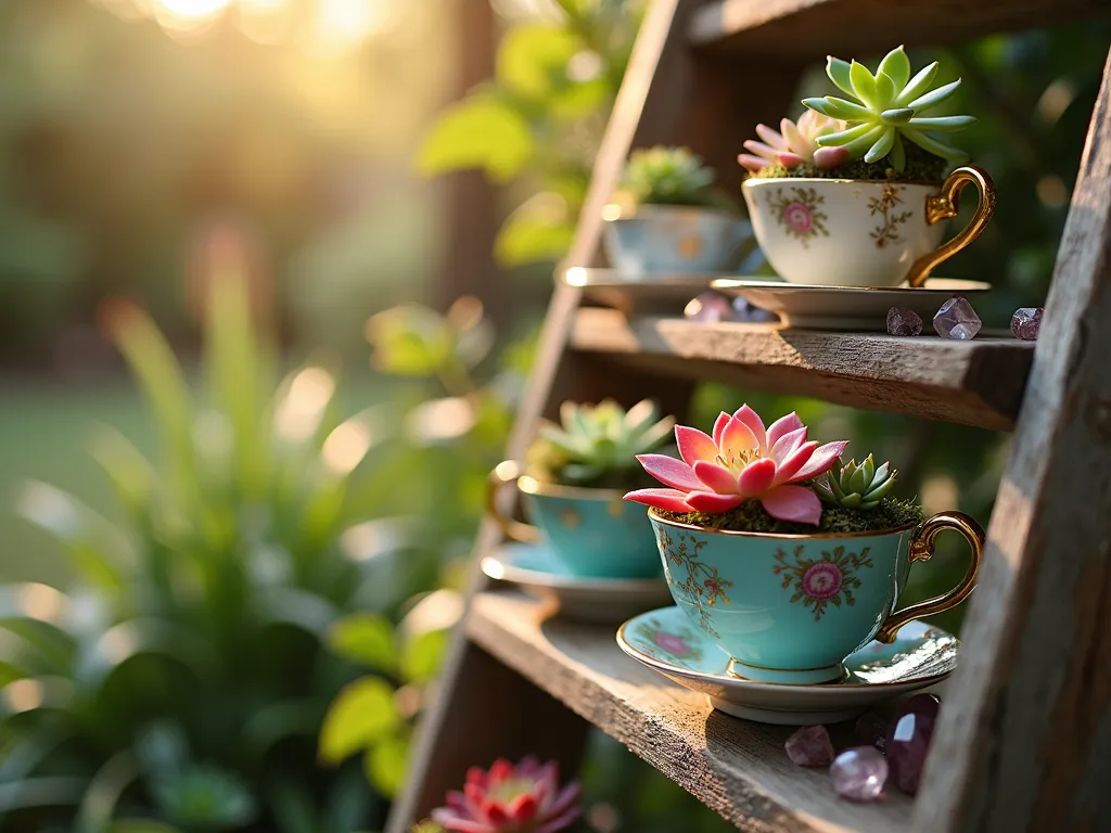 Bohemian Teacup Succulent Garden Display - Close-up shot of an enchanting vintage wooden ladder display in a sun-dappled garden corner, featuring a collection of ornate Victorian-era porcelain teacups in soft pastels and rich patterns. Each teacup cradles carefully arranged miniature succulents including Echeveria, String of Pearls, and Jade plants. Rose quartz crystals and iridescent glass pebbles scatter light across the arrangement. Golden afternoon sunlight filters through nearby trees, creating a dreamy atmosphere. Shot with shallow depth of field focusing on a particularly striking blue and gold teacup with a rosette succulent, while other cups fade into a artistic blur. Photographed at f/2.8 with a 35mm lens, capturing the intricate details and magical bohemian atmosphere.