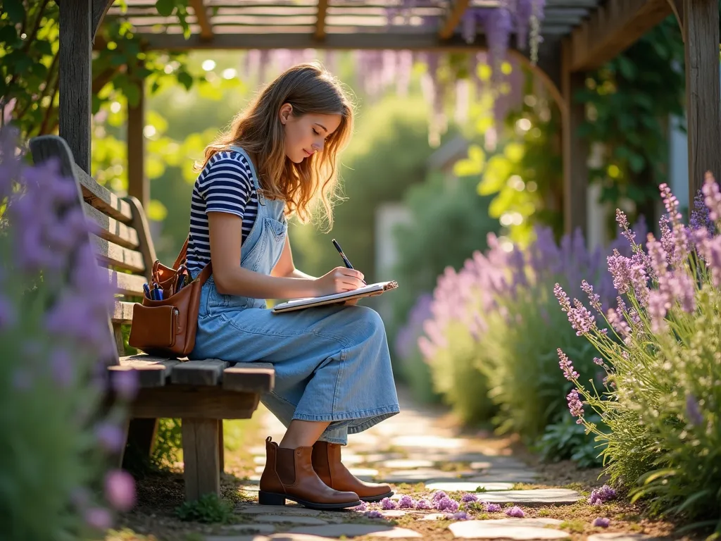 Artist's Garden Outfit in Natural Setting - A candid medium shot of a young woman in late afternoon golden sunlight, wearing a light blue paint-splattered denim overall dress over a navy and white striped tee, sketching in a lush cottage garden. She sits comfortably on a weathered wooden bench surrounded by blooming lavender and roses, with a worn leather crossbody bag filled with art supplies beside her. Her brown leather ankle boots rest among scattered flower petals on a rustic stone path. The background features a charming pergola draped with climbing wisteria, creating dappled light patterns. Shot with shallow depth of field at f/2.8, capturing the dreamy garden atmosphere with bokeh effects through the foliage. 16mm wide angle perspective emphasizing the garden's natural beauty while maintaining focus on the artist's authentic creative moment.