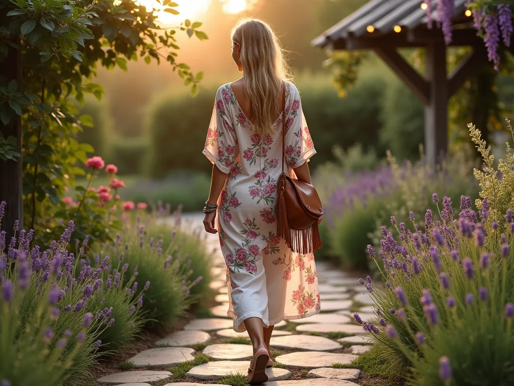 Bohemian Garden Path Ensemble - A stunning wide-angle DSLR photo of a woman in a flowing floral kimono and cropped linen pants walking through a lush cottage garden at golden hour. The garden features winding stone paths bordered by lavender and wildflowers, with climbing roses on vintage trellises. Her layered bohemian jewelry catches the warm evening light as she carries a leather fringe bag. The background shows a charming wooden pergola draped with wisteria and string lights. The scene is captured with professional photography settings: f/8 aperture, ISO 100, and 1/125 shutter speed, creating a dreamy depth of field that highlights both the outfit details and the garden's natural beauty. Soft natural lighting enhances the romantic, free-spirited atmosphere.