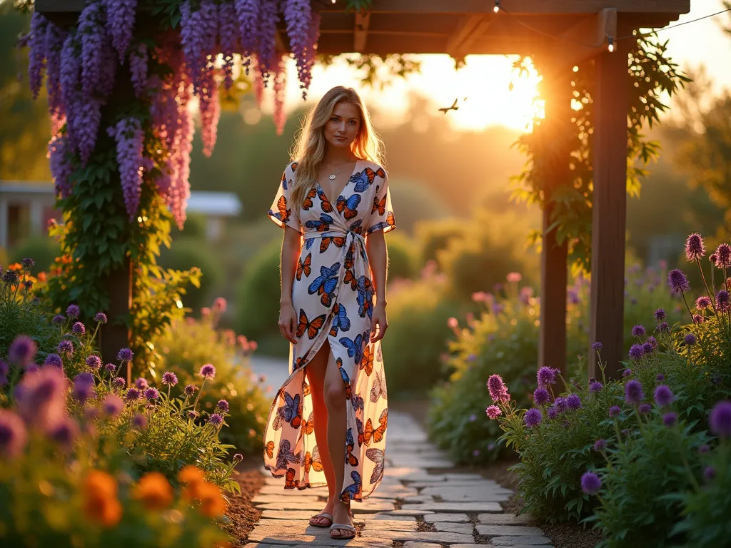 Butterfly Garden Fashion - A stunning wide-angle DSLR photo of a serene garden setting at golden hour, featuring a woman in a flowing silk wrap dress adorned with vibrant butterfly prints in shades of blue, orange, and purple. She stands on a natural stone pathway surrounded by a lush butterfly garden with blooming butterfly bush, lantana, and purple coneflowers. Delicate monarch and swallowtail butterflies flutter nearby. The dress catches the warm evening light as it moves in the gentle breeze. Her rose gold nature-inspired jewelry sparkles, complementing her comfortable leather sandals. A wooden pergola draped with climbing purple wisteria creates a dreamy backdrop, while string lights add a magical touch. Shot at f/8 with perfect depth of field capturing both the detailed outfit and the enchanting garden landscape. ISO 100 ensures crystal clarity in the golden sunset lighting.