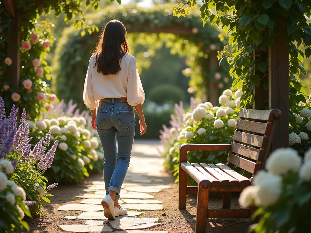 Classic Garden Style in White and Denim - A serene late-afternoon garden scene captured through a DSLR wide-angle lens, showing a woman in a flowing white cotton blouse and high-waisted straight-leg jeans walking along a winding stone path. The path is bordered by blooming lavender and white hydrangeas, with a vintage-style wooden pergola covered in climbing roses in the background. Golden sunlight filters through the pergola slats, creating dappled shadows on the path. The woman's jean cuffs are casually rolled, revealing white leather sneakers, as she pauses to admire the garden. A weathered wooden bench with copper patina accents sits nestled among the flowers. The composition emphasizes the harmony between the casual, classic outfit and the romantic cottage garden setting. f/8, ISO 100, 1/125s, natural lighting creating a warm, inviting atmosphere.