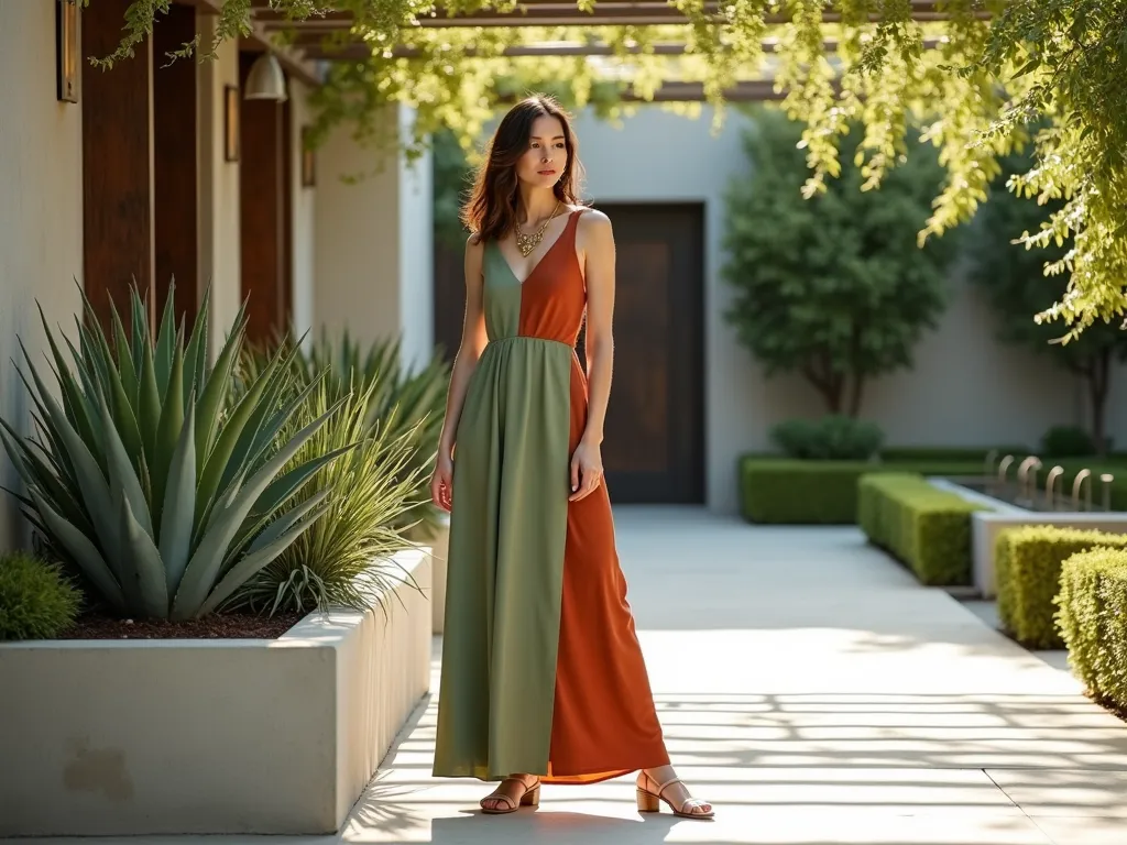 Modern Garden Fashion Harmony - A stunning DSLR medium shot of a woman in an elegant color-block maxi dress featuring sage green and terracotta tones, standing on a contemporary limestone patio. She's positioned beside a modern concrete planter filled with architectural agave and ornamental grasses. The late afternoon sunlight casts gentle shadows through a pergola overhead, adorned with climbing jasmine. The background showcases a minimalist garden design with structured boxwood hedges and copper water features. The woman's geometric brass statement necklace complements her nude minimalist sandals, while her pose creates harmony with the clean lines of the garden design. Shot at f/8 with natural lighting highlighting the interplay between fashion and landscape architecture.