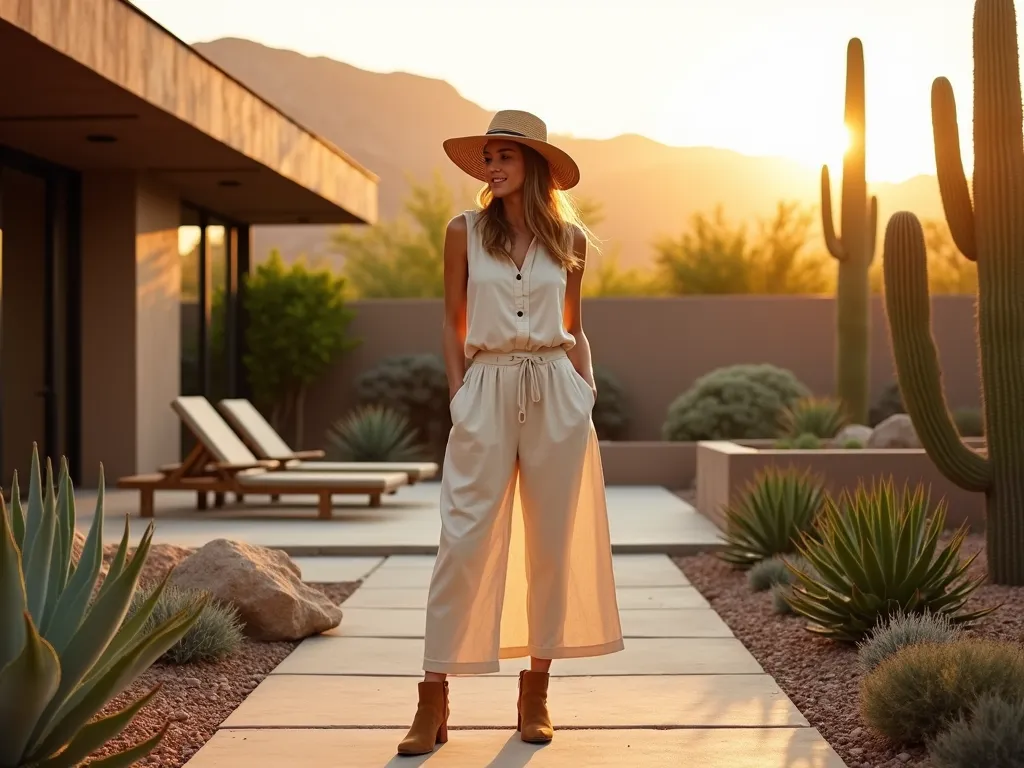 Desert Garden Fashion at Sunset - A wide-angle shot at golden hour of a stylish woman in flowing beige linen pants and cream sleeveless button-up shirt, standing in a modern desert garden. She wears a natural straw wide-brim hat and tan desert boots, photographed from a low angle. The garden features terraced layers of architectural agave, barrel cacti, and golden-lit succulents. A modern concrete patio with weathered wooden deck chairs extends behind her, while desert mountains fade into the warm sunset background. Shot with shallow depth of field, emphasizing the interplay between fashion and desert botanicals, digital camera, 16-35mm lens, f/2.8, ISO 400