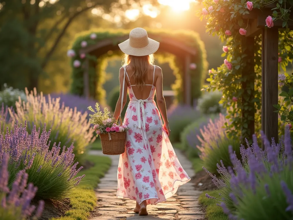 Elegant Garden Fashion at Golden Hour - A serene garden scene at golden hour, featuring a woman in a flowing white and pink floral maxi dress walking through a beautiful cottage garden. The dress gracefully moves in the gentle breeze, complemented by a natural wide-brim straw hat. Shot from a medium angle, showing her carrying a woven basket bag filled with fresh-cut flowers. The background features a charming stone pathway lined with blooming lavender, roses, and delphinium. Soft evening sunlight filters through mature trees, creating a magical atmosphere with lens flares. The garden setting includes a vintage-style wooden pergola covered in climbing roses. Captured with a shallow depth of field, emphasizing the elegant silhouette against the lush garden backdrop. Professional photography, 16-35mm lens, f/2.8, ISO 400.