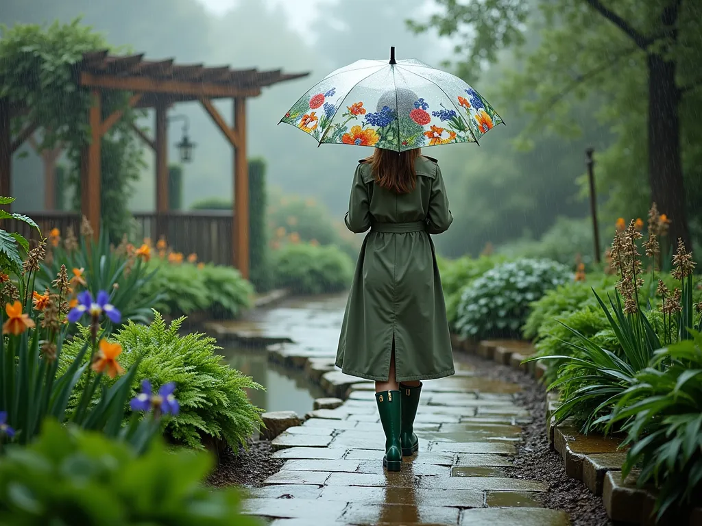 Elegant Rainy Day Garden Ensemble - Early morning misty garden scene featuring a stylishly dressed woman in a sophisticated sage green waterproof trench coat and hunter green wellington boots, walking along a winding stone path through a lush rain garden. The path is bordered by vibrant rain-loving plants like Japanese iris and ferns glistening with raindrops. A clear bubble umbrella adorned with botanical prints allows full view of the garden while providing protection. Soft morning rain creates a dreamy atmosphere, with water droplets catching the diffused light. Wide-angle perspective showcases the entire garden setting, including a wooden pergola draped with climbing hydrangea in the background. The garden features a small stream and strategic water catchment areas filled with moisture-loving plants.