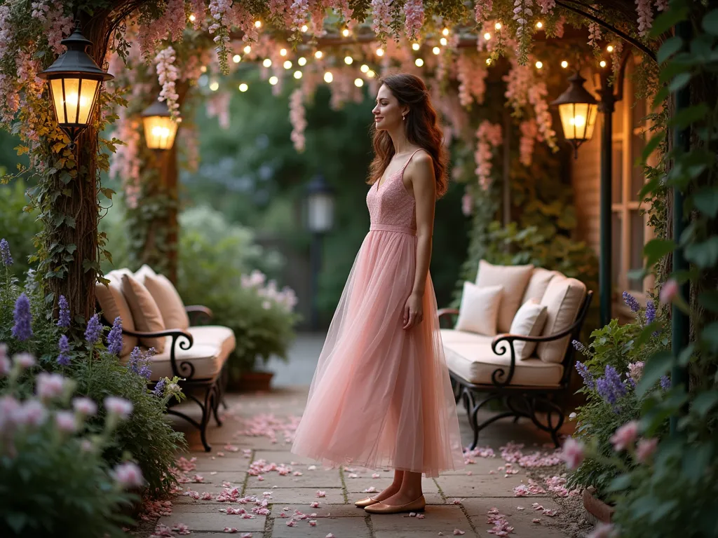 Ethereal Garden Fairy at Twilight - DSLR photograph of a enchanting garden scene at twilight, featuring a young woman in a flowing blush pink tulle overlay dress standing gracefully on a vintage stone patio. She's surrounded by climbing roses and wisteria draped pergola, with twinkling fairy lights creating a magical atmosphere. The model wears rose gold ballet flats and delicate butterfly wing jewelry, captured with a wide-angle lens showing the entire dreamy garden setting. Soft lavender and white flowering plants create a mystical foreground, while antique bronze lanterns cast a warm glow. The garden features ornate wrought iron furniture with plush cushions, and scattered rose petals on the weathered stone floor. Shot at f/8, ISO 100, capturing the perfect balance between natural twilight and artificial garden lighting, creating a ethereal, fairy-tale atmosphere.