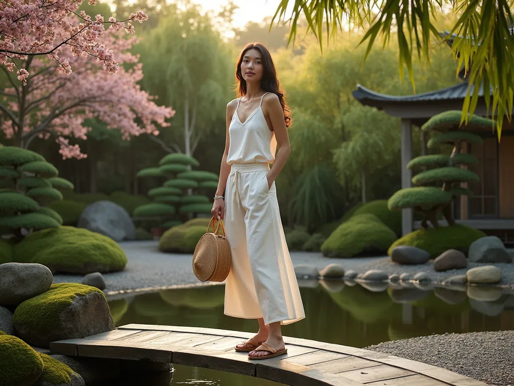 Zen Garden Fashion Elegance - A serene evening scene in a traditional Japanese garden, featuring a woman in flowing cream linen wide-leg culottes and a minimal white linen top, standing on a curved wooden bridge over a koi pond. She wears modern geta-inspired wooden sandals and carries a simple bamboo handbag. The garden showcases carefully pruned bonsai trees, moss-covered stones, and flowering cherry blossoms. Soft golden hour lighting filters through bamboo grove, creating gentle shadows on the gravel paths. Shot with a wide-angle lens to capture the peaceful garden landscape while keeping the fashion subject as the focal point. Professional DSLR photography with natural lighting, f/8 aperture for depth, ISO 100, 1/125 shutter speed.