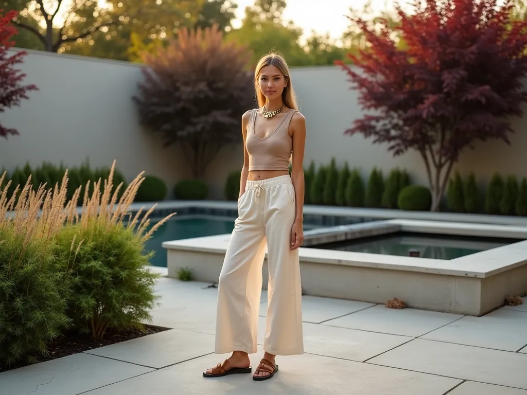 Modern Minimalist Garden Elegance - A stylish young woman in wide-leg cream linen trousers and fitted beige tank top stands gracefully on a modern concrete patio, shot during golden hour. She's positioned near a minimalist water feature surrounded by structured boxwood hedges and ornamental grasses. The clean lines of the patio's geometric design contrast beautifully with soft, swaying Miscanthus grasses. Captured with a wide-angle 16-35mm lens at f/2.8, creating depth between the subject and the architectural elements of the garden. Her sleek gold geometric necklace catches the warm evening light, while leather sandals complement the natural stone pavers. Japanese maple trees in the background add organic shapes to the composition, with their deep burgundy leaves creating dramatic contrast against light-colored garden walls.