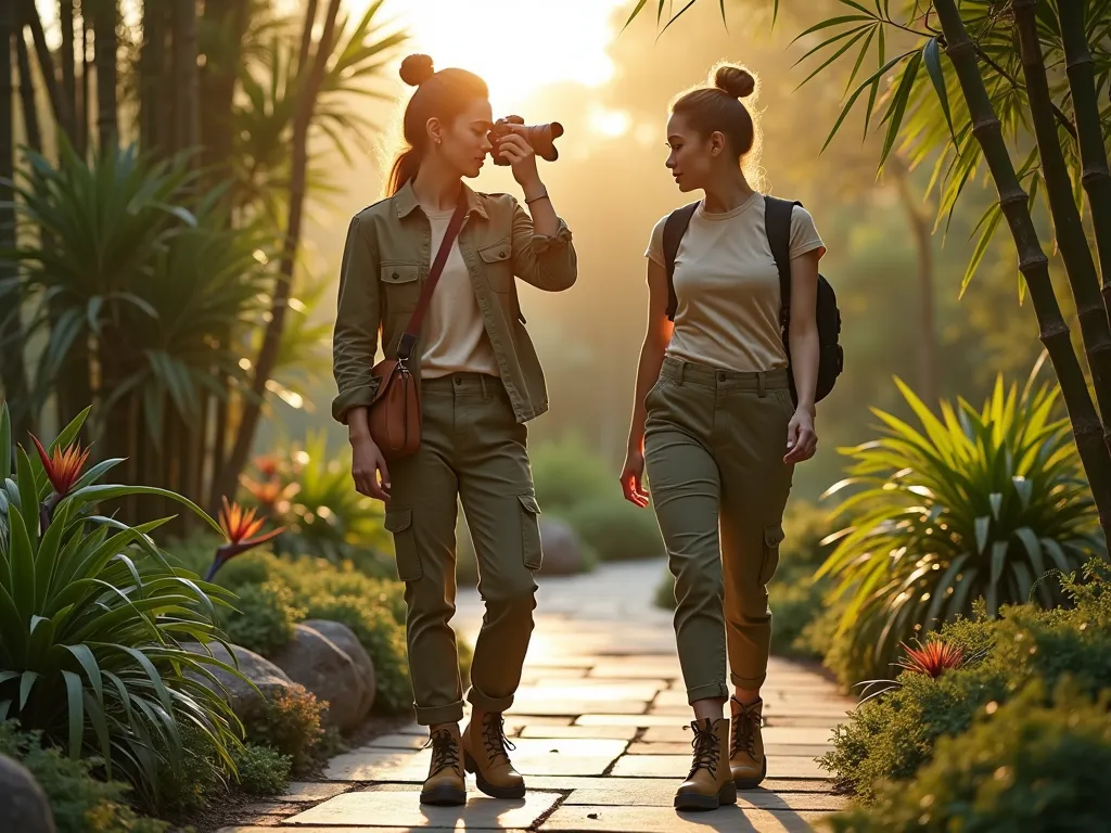 Modern Garden Photography Ensemble - A stunning wide-angle shot of a young woman in sleek olive cargo pants and a fitted beige t-shirt, photographing exotic plants in a beautifully landscaped botanical garden during golden hour. She wears a contemporary light khaki utility jacket and practical hiking boots, with a leather crossbody camera bag. The garden features a modern stone pathway winding through towering bamboo groves, flowering bird of paradise plants, and ornamental grasses. Soft evening light filters through the foliage, creating a magical atmosphere with lens flares and natural bokeh effects. The composition emphasizes both the functionality of the outfit and its harmony with the natural surroundings.