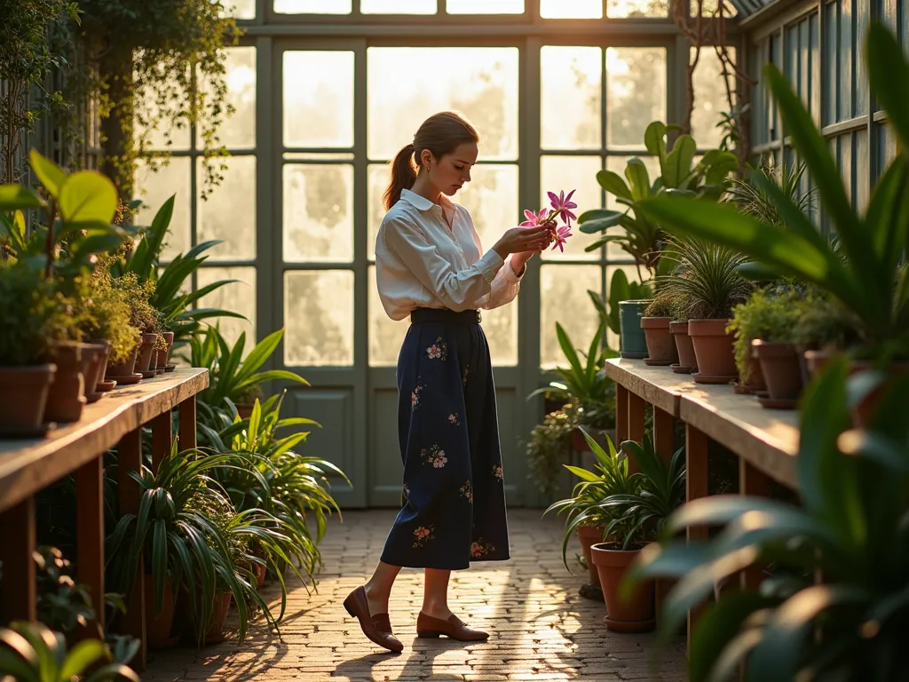 Professional Greenhouse Guide Attire - Professional female botanist in a sun-drenched Victorian-style greenhouse, wearing tailored navy culottes with delicate botanical prints and a crisp white silk blouse. She's examining a rare orchid specimen while standing on a weathered brick path between lush tropical plants. Natural light streams through the glass panels creating a soft, ethereal atmosphere. Shot at golden hour with a wide-angle perspective capturing the grandeur of the greenhouse architecture and surrounding garden beds. Shallow depth of field emphasizing the subject while the background shows misted glass panels and verdant foliage. Professional brown leather closed-toe shoes complete the ensemble. The greenhouse interior features wooden shelving with terracotta pots, trailing vines, and scientific specimen labels, photographed with cinematic lighting.