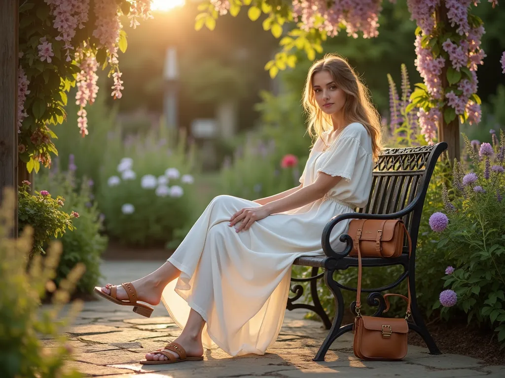 Romantic Garden Poetry Reading - A dreamy late afternoon garden scene captured with a 16-35mm lens at f/2.8, ISO 400. A young woman in a flowing white cotton blouse and cream high-waisted maxi skirt sits gracefully on an antique wrought-iron bench surrounded by climbing roses and wisteria. The scene is set on a weathered stone patio, with a vintage leather book bag resting beside her. She's wearing delicate lace-up sandals that complement the romantic aesthetic. The background features a lush English cottage garden with climbing roses, lavender, and foxgloves. Golden hour sunlight filters through the pergola above, creating ethereal light patterns on her outfit and the surrounding greenery. The composition is shot at a medium-wide angle to capture both the subject and the romantic garden setting, with subtle bokeh effect on the flowering background.