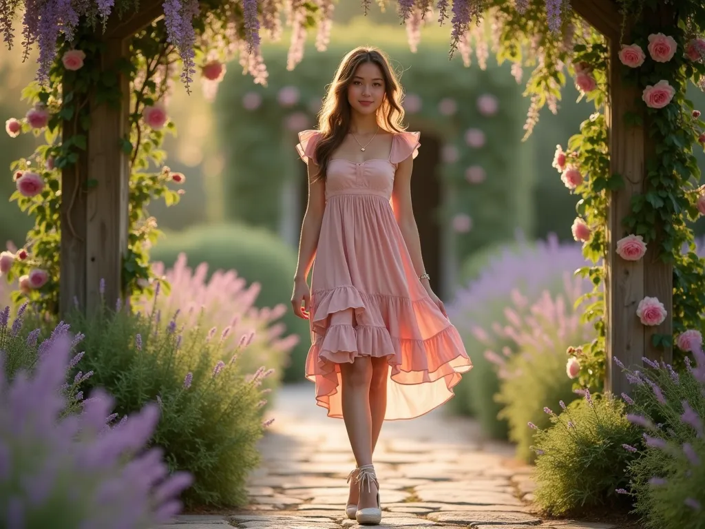 Romantic Garden Sundress at Sunset - A young woman in a blush pink ruffled sundress stands gracefully on a vintage stone garden path, surrounded by blooming English roses and lavender. The golden hour sunlight filters through a wisteria-covered pergola, casting soft shadows on the garden. She wears cream-colored espadrilles with delicate ribbon ties wrapped around her ankles, and a pearl pendant necklace catches the warm light. The dress's layered ruffles move gently in the evening breeze. Shot from a medium-wide angle to capture both the outfit details and the romantic garden setting, with soft bokeh effect in the background highlighting climbing roses and flowering vines. Dreamy, ethereal atmosphere with muted pastel tones.