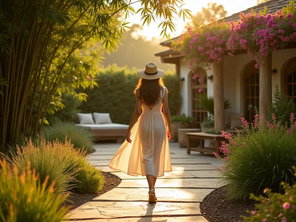 Sustainable Bamboo Dress in Garden Sunset - A serene wide-angle photograph of a woman in a flowing, ivory bamboo fabric dress walking through a lush botanical garden at golden hour. The dress catches the warm evening light, creating ethereal movement against a backdrop of towering bamboo groves and flowering jasmine vines. A natural stone patio with weathered teak furniture appears in the background, while climbing roses and wisteria drape overhead on a wooden pergola. The woman's handwoven straw hat and sustainable cork sandals complement her dress as she walks along a curved flagstone path lined with ornamental grasses and native wildflowers. The scene is captured with a dreamy, soft focus that emphasizes the harmony between sustainable fashion and natural garden design.