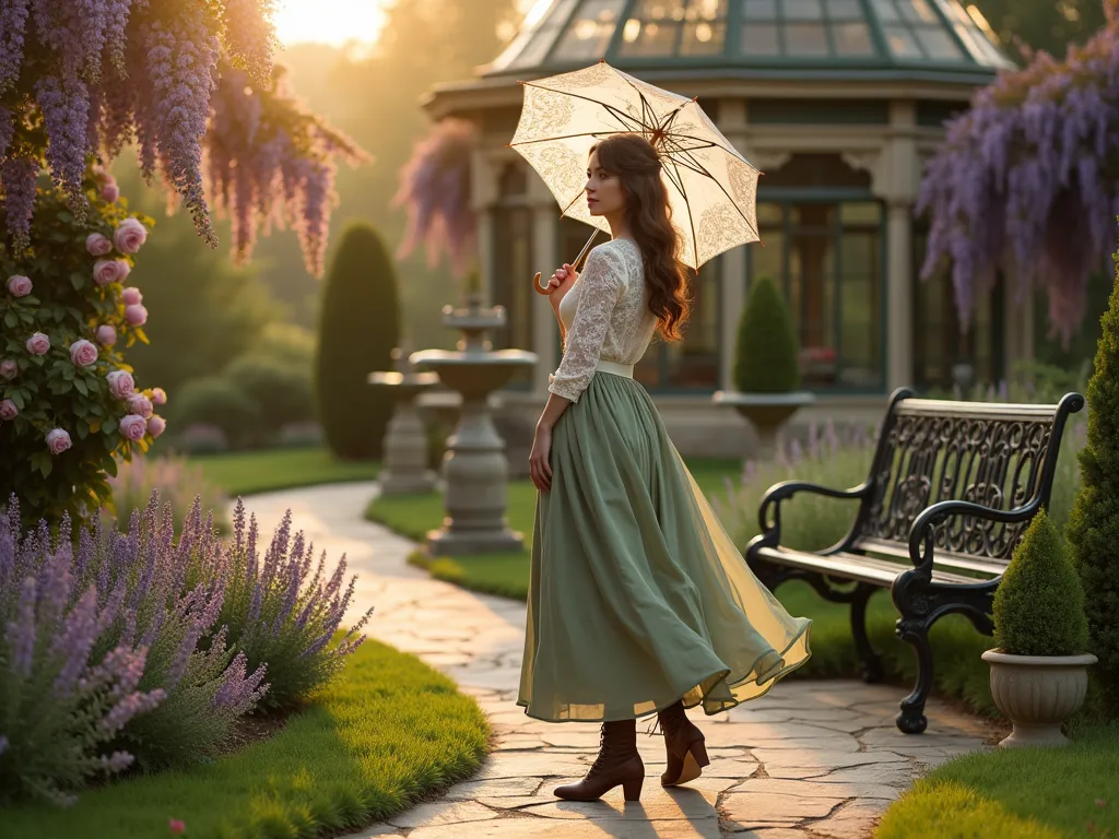 Victorian Lady in Rose Garden - A dreamy golden hour photograph of a woman in an elegant Victorian-style outfit exploring a lush English garden. She wears a cream high-neck lace blouse, flowing sage green skirt, and brown leather lace-up boots. She holds a delicate ivory lace parasol while standing on a winding stone path surrounded by climbing roses, lavender, and wisteria. The garden features ornate wrought-iron benches, classical stone fountains, and manicured topiary. Shot with shallow depth of field, the background shows a charming Victorian greenhouse draped in blooming wisteria. Soft, warm evening light filters through the foliage, creating a romantic, nostalgic atmosphere. Digital photography, 16-35mm lens, f/2.8, ISO 400.