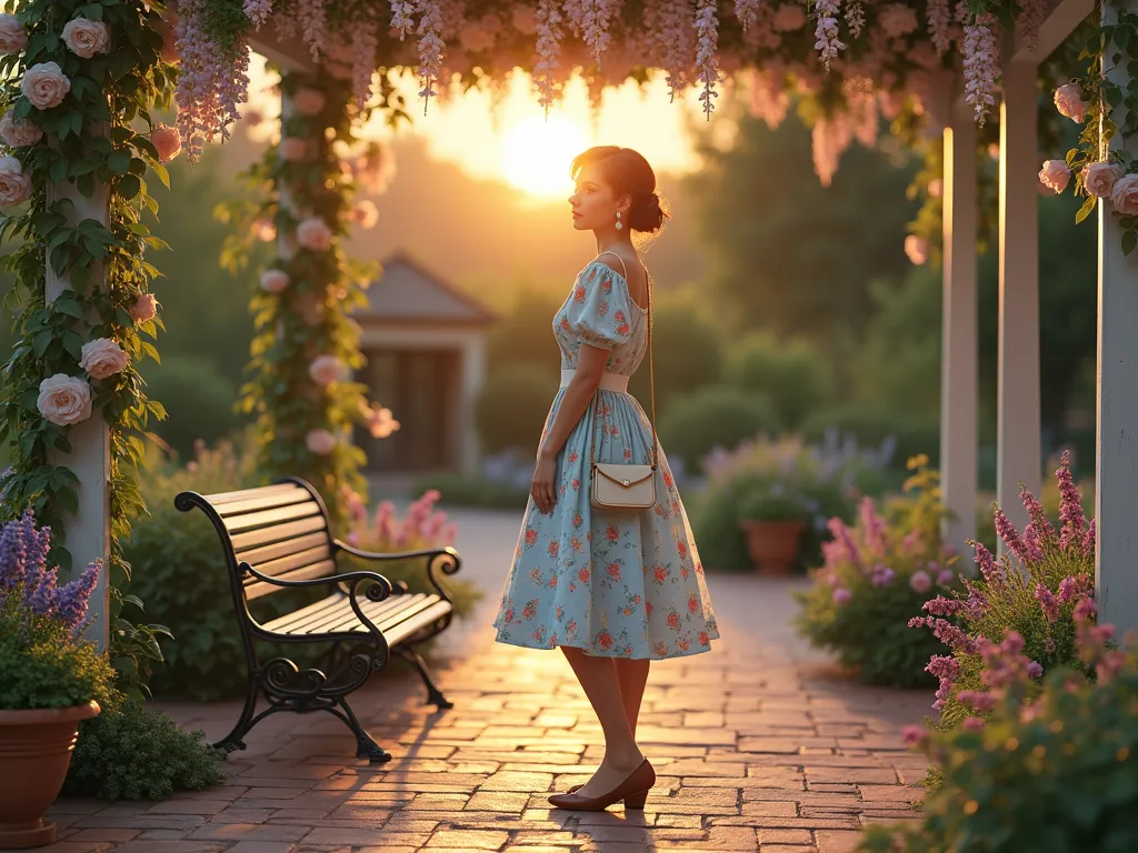 Vintage Tea Dress in Blooming Garden - A romantic sunset garden scene featuring a woman in a 1950s-style floral tea dress with puff sleeves, standing on a weathered brick patio surrounded by climbing roses and wisteria. The dress is powder blue with delicate vintage flower prints, falling gracefully to her knees. She's wearing classic T-strap brown leather flats and a small vintage-inspired cream leather crossbody bag. Pearl earrings catch the golden hour light as she's positioned near an antique wrought-iron garden bench. The backdrop includes a white wooden pergola draped with flowering vines, and carefully manicured English garden borders filled with lavender, peonies, and foxgloves. The scene is captured in a three-quarter angle shot, with soft, warm lighting creating a dreamy, nostalgic atmosphere. Architectural elements include classic garden stepping stones and weathered terracotta planters, photorealistic style, 8k quality