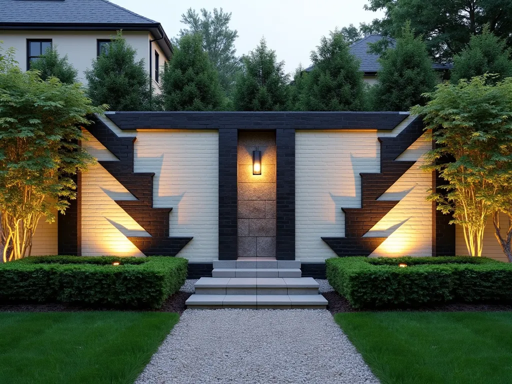 Art Deco Garden Wall with Geometric Patterns - A stunning Art Deco inspired garden wall featuring bold geometric patterns created with contrasting cream and charcoal bricks. The wall showcases striking zigzag patterns, stepped designs, and sunburst motifs typical of 1920s architecture. Elegant climbing jasmine and wisteria frame the wall, while symmetrical boxwood hedges line its base. Modern outdoor sconces illuminate the wall's intricate brickwork at dusk. The scene captures a sophisticated backyard setting with a manicured lawn and crushed granite pathway leading to the feature wall.