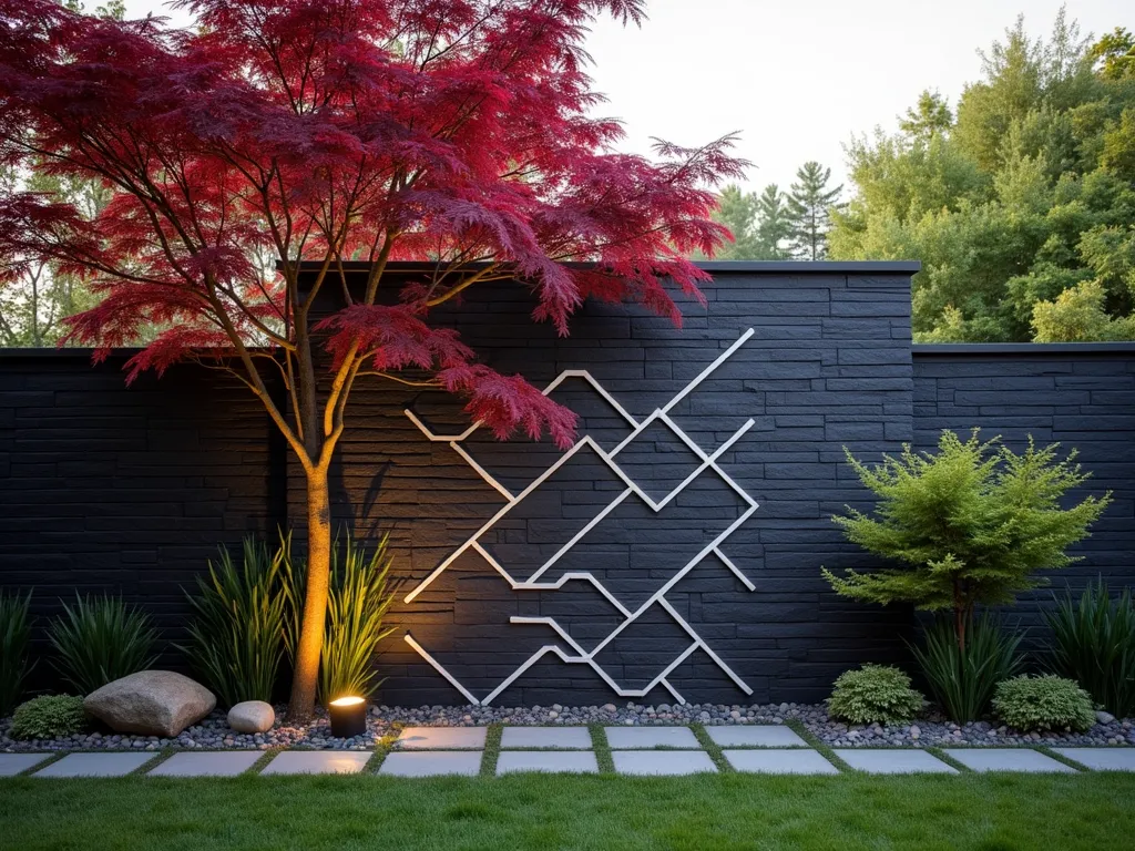 Modern Asian Geometric Brick Garden Wall - A stunning modern garden wall featuring a sophisticated geometric pattern created with contrasting black and light gray bricks in a Japanese-inspired design. The wall incorporates repeating hexagonal and diamond shapes, reminiscent of traditional Asian lattice patterns. Soft uplighting illuminates the textured surface, while a mature Japanese maple tree with deep red foliage stands gracefully beside it. The base of the wall is lined with ornamental bamboo and carefully placed river rocks. The scene is captured during golden hour, creating dramatic shadows that emphasize the wall's dimensional patterns.