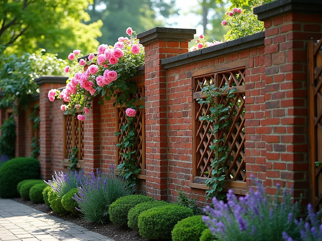 Elegant Brick Wall with Integrated Climbing Rose Trellis - A professionally photographed garden scene featuring a 7-foot tall red brick wall with elegant built-in wooden lattice panels, covered in blooming pink climbing roses and purple clematis. The wall has alternating sections of solid brick and cedar trellis work, creating a sophisticated rhythm. Soft evening sunlight casts gentle shadows across the textured brick surface, while the climbing plants weave naturally through the lattice sections. A well-maintained garden bed with lavender and boxwood shrubs lines the base of the wall, cinematic lighting, architectural photography