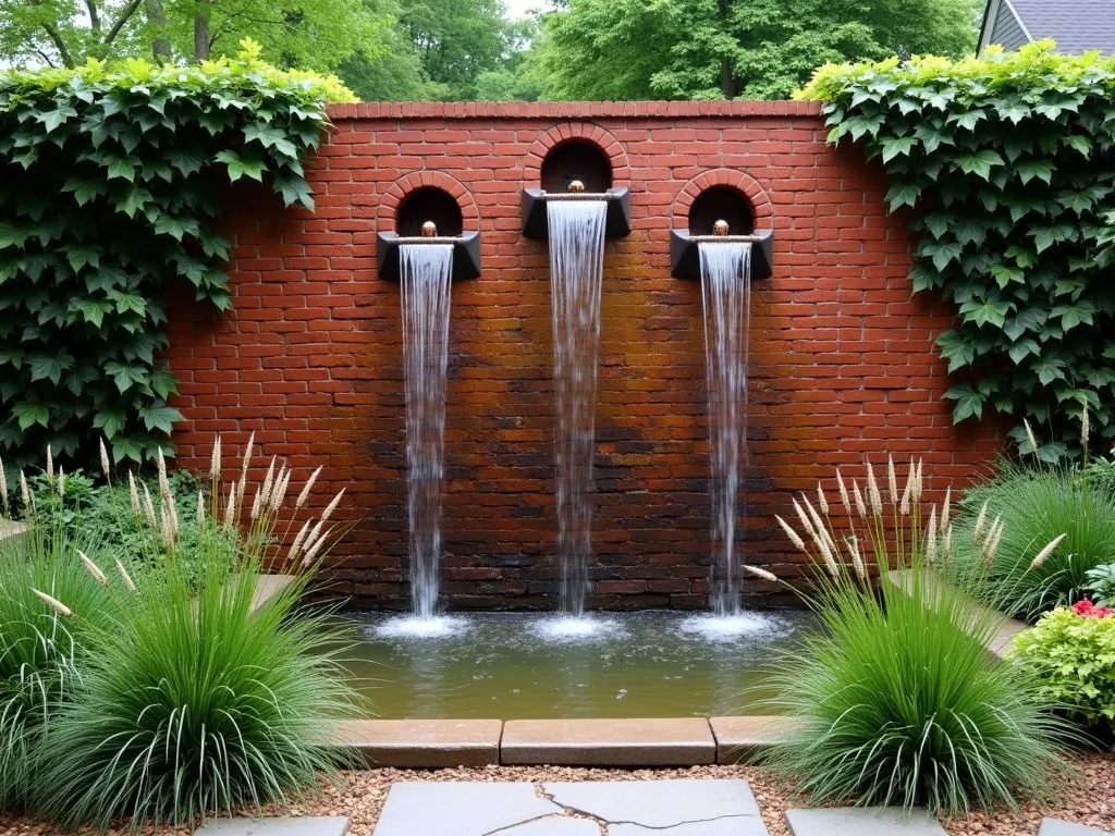 Elegant Brick Water Wall with Cascading Falls - A stunning red brick garden wall with multiple cascading water features flowing down its face, creating a mesmerizing waterfall effect. The wall is 7 feet tall with aged copper scuppers and three levels of flowing water. Soft uplighting illuminates the falling water, creating dancing reflections on the wet brick surface. Lush Boston ivy frames the edges of the wall, while ornamental grasses and Japanese forest grass sway gently at its base. The scene is set in a peaceful garden setting with natural stone pavers and a small meditation area.