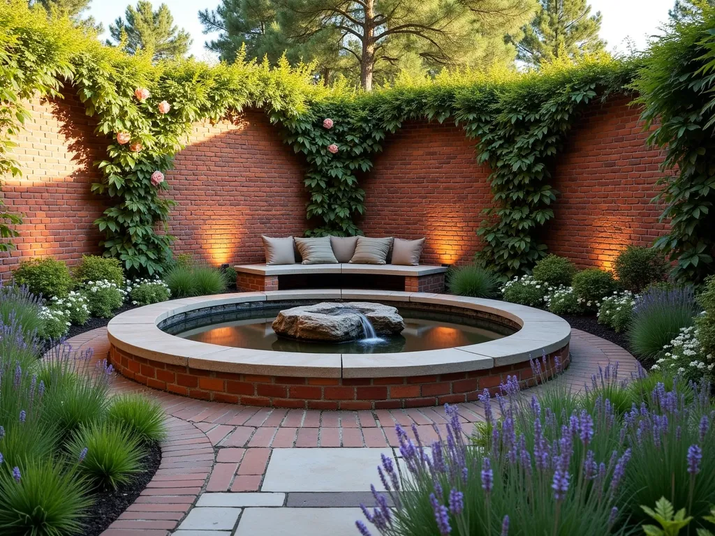 Elegant Circular Brick Garden Wall with Seating Area - A stunning circular brick garden wall with a modern rustic design, standing 6 feet tall with a curved bench built into its interior. The wall features a mix of red and burgundy clay bricks in an artistic pattern, surrounding an intimate garden seating area. In the center, a contemporary stone water feature creates a peaceful focal point. Climbing roses and Virginia creeper gracefully cascade down sections of the wall, while strategic uplighting highlights the wall's texture. Soft ornamental grasses and lavender plants border the base, creating a harmonious blend of architecture and nature. The space is photographed during golden hour, capturing warm sunlight on the bricks.