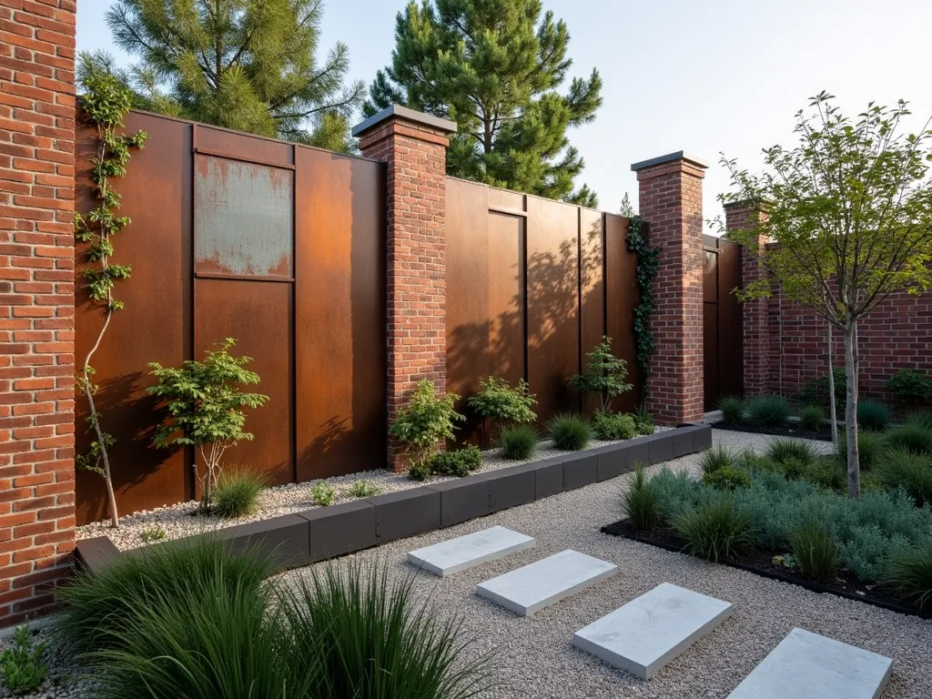 Contemporary Brick and Steel Garden Wall - A stunning modern garden wall featuring a harmonious blend of traditional red brick and weathered cor-ten steel panels, arranged in an alternating pattern. The wall stands 7 feet tall with clean geometric lines, where rustic brick sections are separated by sleek metal panels with oxidized patina. Architectural grasses and climbing vines soften the industrial elements, while modern landscape lighting casts dramatic shadows across the textured surface. The wall serves as a sophisticated backdrop for a minimalist garden space with gravel pathways and sculptural planters.