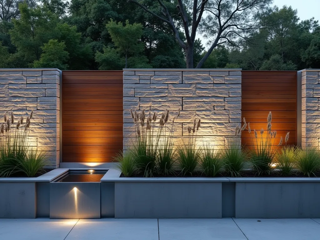 Contemporary Mixed Material Garden Wall - A stunning modern garden wall combining smooth gray brick with sleek wood panels and steel accents, photographed at dusk. The wall features alternating sections of polished gray brick and warm teak wood panels, separated by thin steel frames. Architectural LED lighting illuminates the textural contrast between materials. Modern geometric planters with tall ornamental grasses and Japanese forest grass line the base. A minimalist water feature trickles down a steel panel. The composition is clean and sophisticated, perfect for an urban garden setting, shot from a slight angle to showcase depth and material interplay.