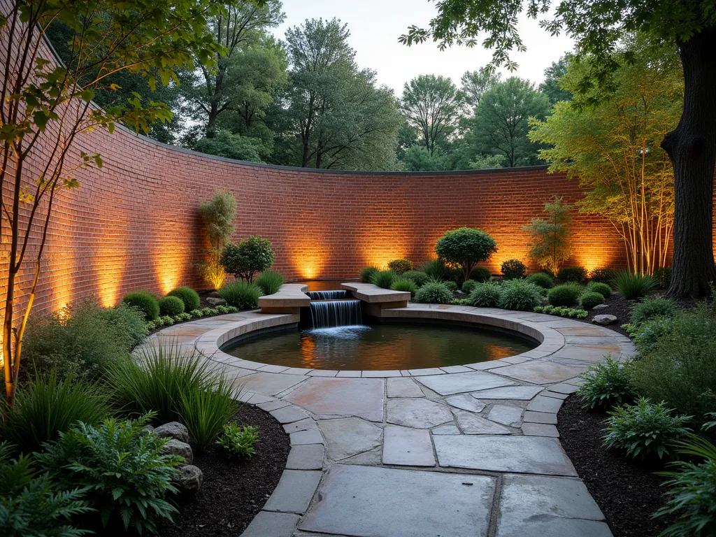 Curved Brick Sound Garden Wall with Water Feature - A elegant curved brick garden wall with a sophisticated amphitheater-like design, featuring a central cascading water feature. The wall's warm terracotta-colored bricks are arranged in a gentle arc, creating perfect acoustics. A series of small waterfalls flows into a reflective pond, surrounded by ornamental grasses and Japanese maples. Soft evening lighting highlights the water's movement and the wall's textural elements. Natural stone pavers create a curved pathway that mirrors the wall's shape, while strategic uplighting casts dramatic shadows on the brick surface. The peaceful scene is completed with swaying bamboo and architectural ferns that add movement and sound to the space.