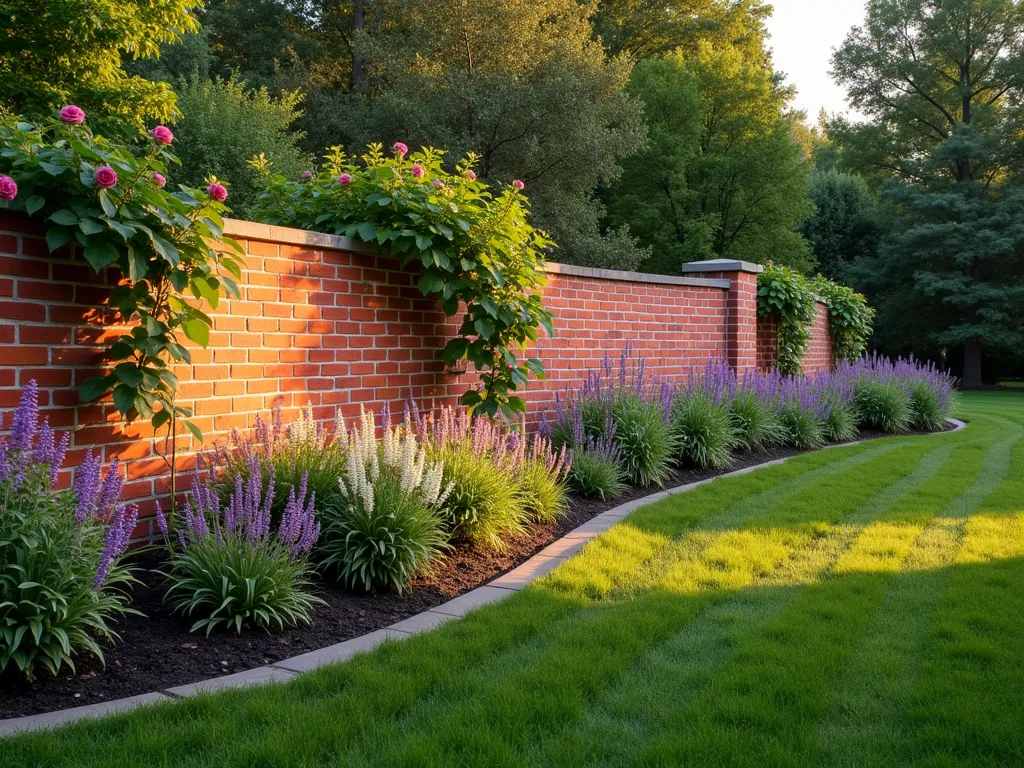 Elegant Curved Brick Garden Wall with Flowering Border - A gracefully curved red brick garden wall with a flowing serpentine design, photographed during golden hour. The wall features traditional clay bricks laid in an elegant running bond pattern, standing approximately 4 feet tall. The curve creates a gentle sweeping motion through the landscape, bordered by a lush perennial garden bed filled with purple salvias, white echinacea, and swaying ornamental grasses. Climbing roses cascade over sections of the wall, while the setting sun casts warm shadows highlighting the wall's texture. A manicured lawn leads up to the curved border, creating a perfect balance between structured hardscaping and natural garden elements. Photorealistic, architectural photography style, f/8, soft natural lighting.