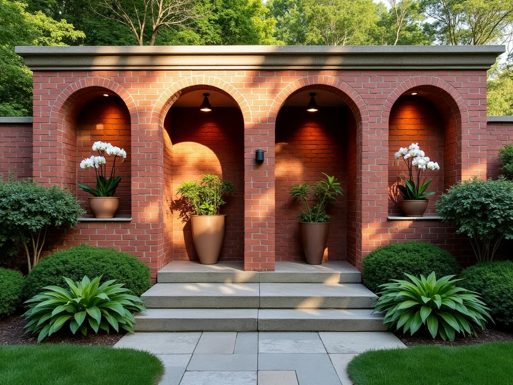 Elegant Double-Sided Brick Display Wall - A sophisticated red brick garden wall with symmetrical display niches on both sides, photographed at a 45-degree angle to show both faces. The 6-foot tall wall features arched alcoves lined with copper-toned lighting. Each niche contains either blooming white orchids, trailing ivy, or modern ceramic art pieces in earth tones. The wall is crowned with a limestone cap and surrounded by lush green landscaping including Japanese maples and ornamental grasses. Late afternoon sunlight casts interesting shadows through the niches, creating a warm, inviting atmosphere. Photorealistic, architectural photography style, f/8, soft natural lighting.