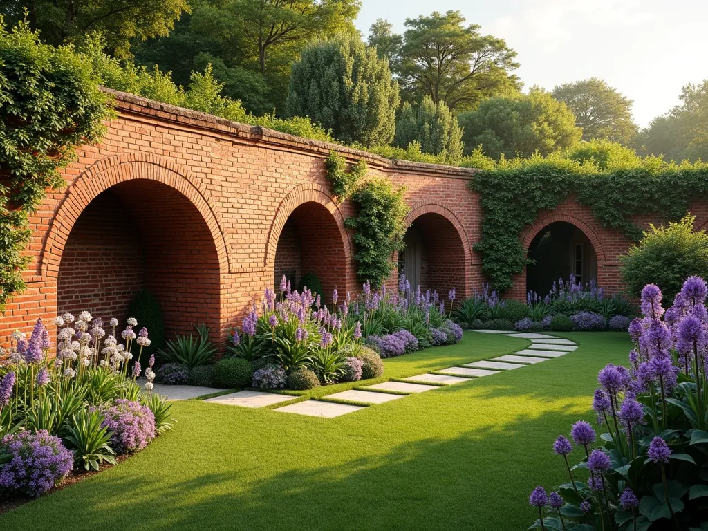 Heritage Crinkle Crankle Garden Wall - A beautiful serpentine brick wall in traditional English garden style, with a gentle wavy pattern extending through a lush garden. The red brick wall stands 6 feet tall with a sophisticated curved pattern, creating peaceful alcoves filled with climbing roses and lavender. Morning light casts elegant shadows along the undulating surface, while Boston ivy gracefully climbs portions of the wall. The foreground features a manicured lawn with a natural stone path following the wall's curves, complemented by purple allium flowers and white foxgloves. Photorealistic, architectural photography style, golden hour lighting.