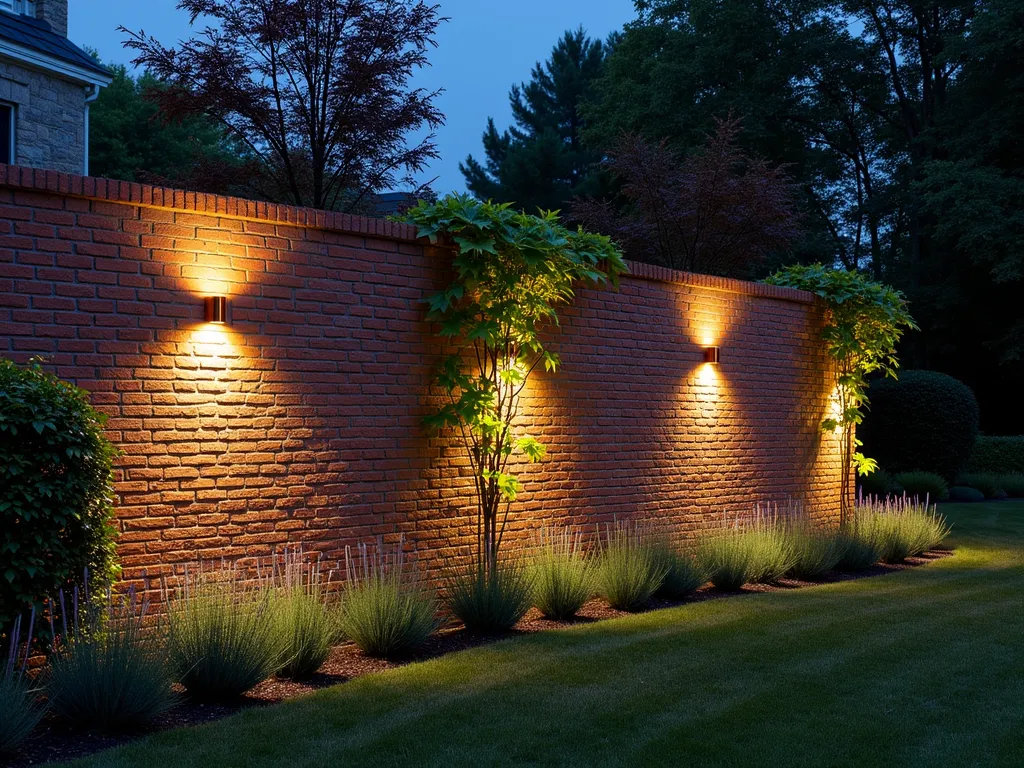 Elegant Evening Garden Wall Illumination - A sophisticated curved brick garden wall at dusk, illuminated by warm LED strip lighting embedded in the mortar lines, creating dramatic shadows and highlights across the textured brick surface. Modern copper wall-mounted sconces cast gentle pools of light onto climbing ivy. A neat row of lavender plants at the wall's base catches the ambient glow, while Japanese maple trees in the background are subtly lit by hidden spotlights. The scene captures the magical transformation of the garden space as day turns to night, with the illuminated wall serving as a stunning focal point.