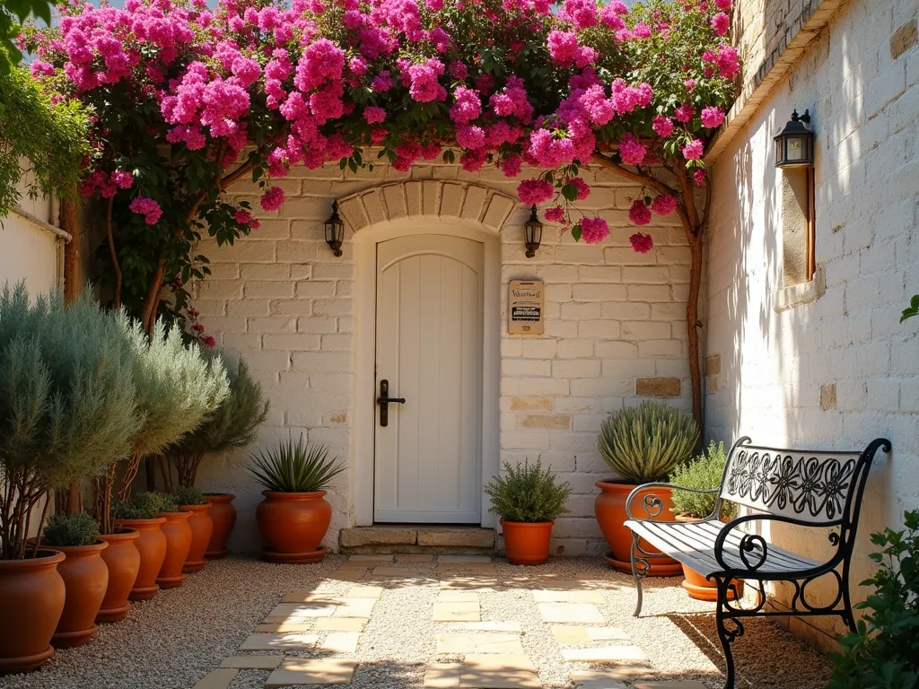 Mediterranean Whitewashed Brick Wall with Cascading Bougainvillea - A sun-drenched garden scene featuring a tall whitewashed brick wall with visible texture, creating a bright Mediterranean atmosphere. The wall is adorned with climbing bright pink bougainvillea cascading dramatically from above. Terra cotta pots with lavender and olive trees line the base of the wall. Natural stone pavers and crushed gravel create a rustic pathway. The scene is captured in warm, golden afternoon light, casting gentle shadows and highlighting the wall's weathered character. A vintage wrought iron garden bench sits nearby, completing the Mediterranean courtyard aesthetic.