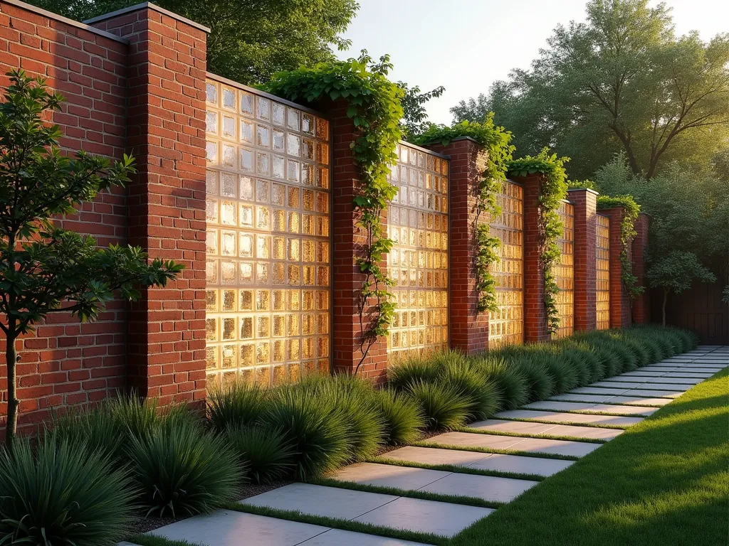 Modern Brick and Glass Block Garden Wall - A stunning modern garden wall combining red clay bricks with translucent glass blocks in an alternating pattern, photographed during golden hour. The wall is 6 feet tall with a sophisticated design where glass blocks create a rhythmic pattern between traditional brickwork. Soft natural light filters through the glass blocks creating ethereal light patterns on a well-manicured garden path. Japanese maple and ornamental grasses frame the wall, while climbing jasmine begins to trace patterns across the brick sections. Architectural, photorealistic, high-end landscape design, cinematic lighting.