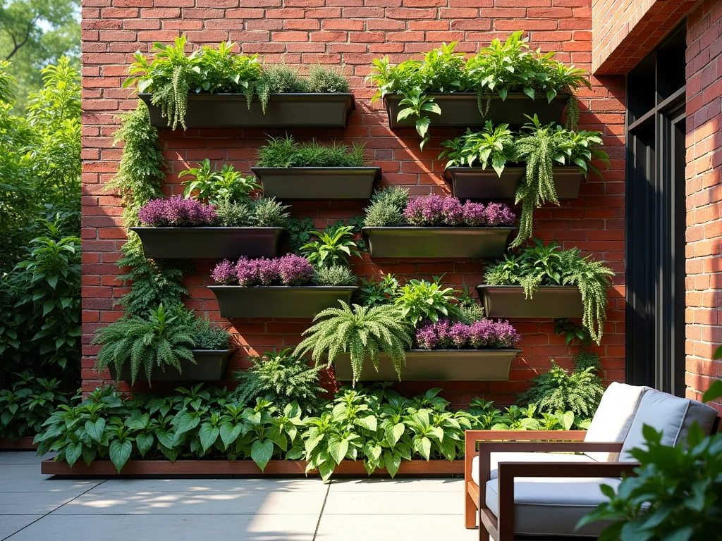 Modern Brick Living Wall Garden - A stunning architectural brick wall with integrated steel and wood planting pockets, showcasing a lush vertical garden. The red brick wall features geometric recessed spaces filled with cascading ferns, purple heuchera, trailing ivy, and flowering sedums. Soft afternoon lighting casts gentle shadows across the textured surface, while water droplets glisten on the foliage. The wall combines modern design elements with natural greenery, creating a harmonious blend of structure and life. The background shows a well-maintained garden patio with modern outdoor furniture, photographed in high resolution with cinematic lighting.