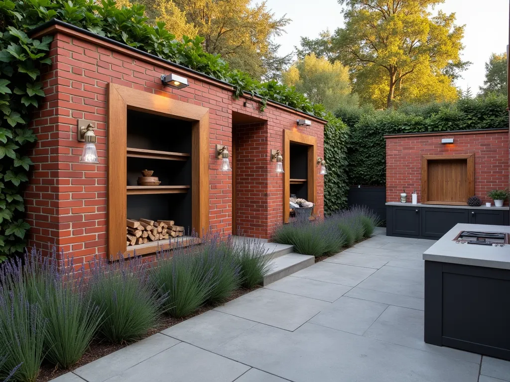 Modern Brick Storage Wall with Built-in Compartments - A sophisticated red brick garden wall with multiple integrated storage solutions, featuring elegant recessed compartments with teak wood doors, a dedicated firewood storage nook with a weathered copper overhead light, and built-in shelving for garden tools. The wall has clean lines and modern design elements, with climbing ivy partially covering sections, and architectural uplighting. A neat row of lavender plants grows along the base, while a sleek outdoor kitchen counter extends from one section, all set in a contemporary backyard setting at golden hour.