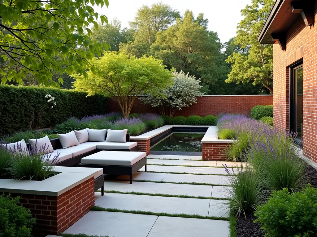 Modern Garden Room Divider with Staggered Brick Walls - A serene garden scene featuring elegant waist-height red brick walls in a staggered arrangement, creating three distinct garden rooms. The walls are topped with smooth limestone caps and stand approximately 4 feet tall. The foreground space features a modern seating area with contemporary outdoor furniture, while the middle section showcases a tranquil water feature. The background space contains a lush perennial garden. Japanese maples provide height and drama, while lavender borders and ornamental grasses soften the brick edges. Natural light casts gentle shadows across the textured brick surfaces, with climbing jasmine beginning to cascade over sections of the walls. The scene is captured during golden hour, adding warmth to the red brick tones.