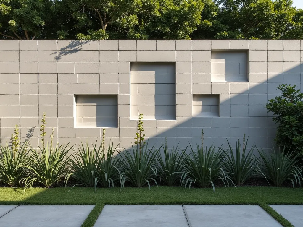 Modern Geometric Brick Garden Wall - A stunning contemporary garden wall featuring a sophisticated geometric pattern created with light gray bricks. The wall showcases an artistic arrangement of protruding bricks creating a three-dimensional cubic pattern, casting dramatic shadows in afternoon sunlight. The clean lines and modern design are softened by cascading ornamental grasses and architectural succulents at the base. A sleek stone path leads alongside the wall, while minimalist LED lighting emphasizes the geometric shadows at dusk. The wall surface transitions between flat sections and protruding elements, creating a mesmerizing visual rhythm against a backdrop of manicured greenery.