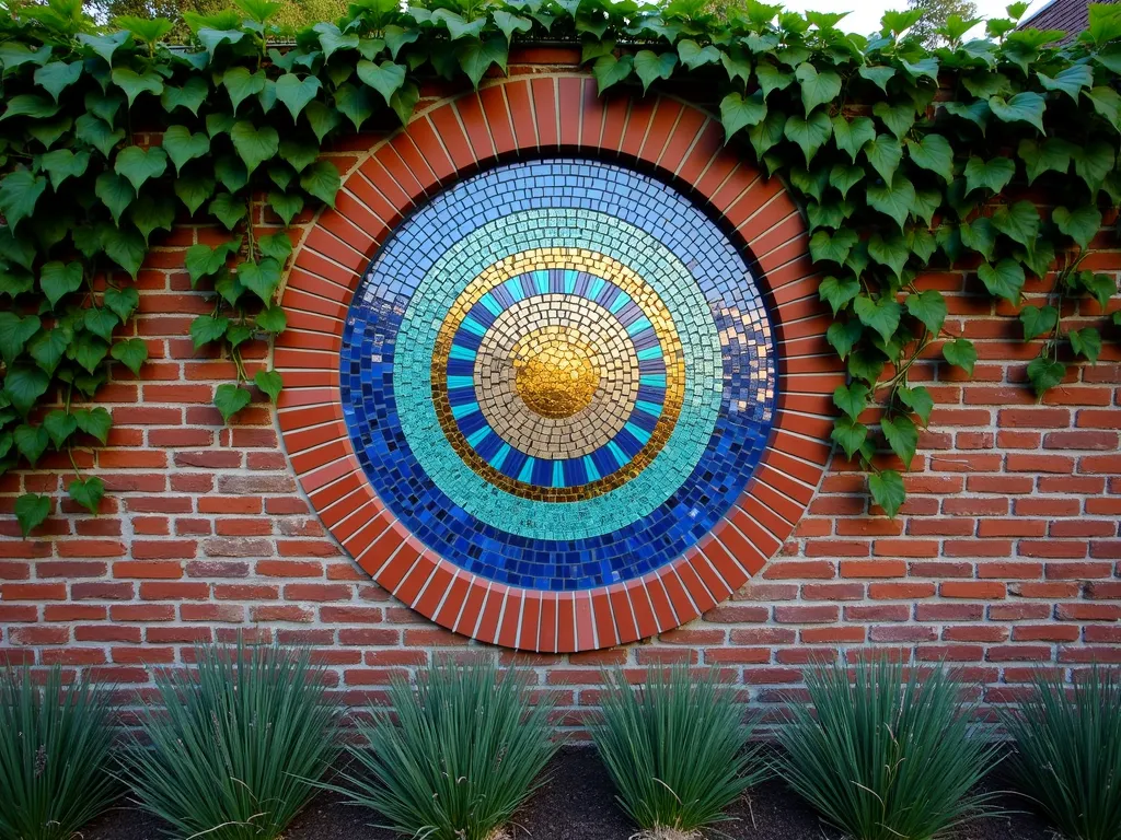 Enchanting Mosaic Brick Garden Wall - A stunning garden wall combining traditional red bricks with an intricate circular mosaic art piece embedded in the center, featuring vibrant blues, turquoise, and gold glass tiles in a sunburst pattern. The wall is partially covered with cascading Boston ivy, creating an elegant contrast between the natural greenery and artistic elements. Soft evening lighting illuminates the mosaic, making it glow like a garden jewel. The base of the wall features carefully manicured lavender plants and ornamental grasses, photographed in golden hour lighting with a shallow depth of field.