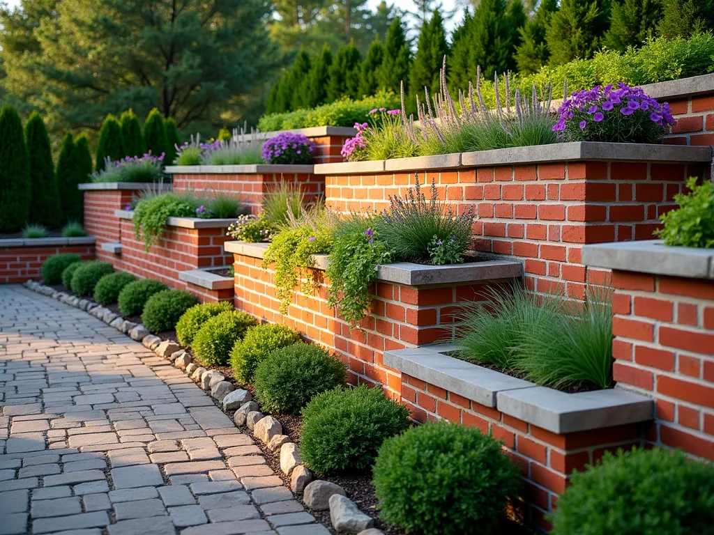 Elegant Multi-Level Brick Planter Wall - A stunning multi-level red brick garden wall with integrated planters at staggered heights, illuminated by warm afternoon sunlight. The wall features five tiers of built-in planter boxes showcasing cascading plants like purple wave petunias and trailing ivy. Lower planters contain ornamental grasses and lavender, while upper sections display colorful flowering perennials. The brick work features a classic running bond pattern with decorative soldier course borders around each planter. Natural stone caps top each planter level, creating clean lines against the lush greenery. A small cobblestone path leads alongside the wall, while subtle landscape lighting highlights the architectural elements.