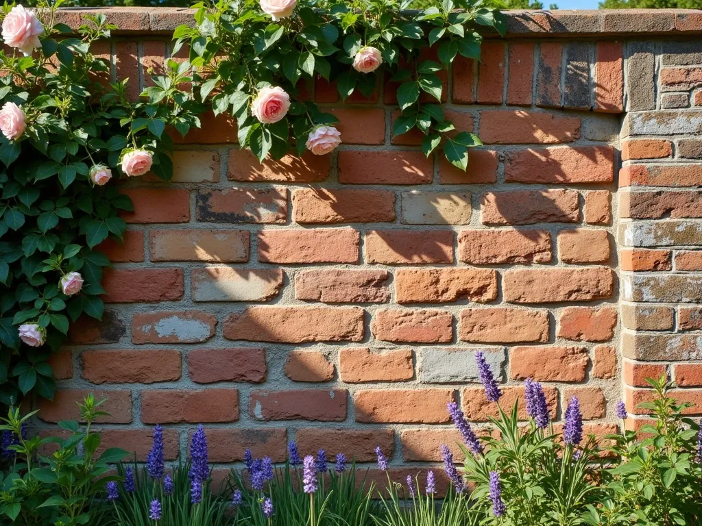 Weathered Brick Garden Wall with Climbing Roses - A rustic garden wall made from reclaimed vintage bricks in varied weathered tones of reds, browns and grays, with subtle moss patches adding character. The wall features distinctive aged patina and worn textures, creating an authentic historic appearance. Climbing antique roses with soft pink blooms gracefully cascade over the wall, while lavender and cottage garden perennials soften its base. Late afternoon sunlight casts warm shadows across the textured brick surface, highlighting its timeworn beauty. The scene evokes a romantic English cottage garden aesthetic, photorealistic, high detail.