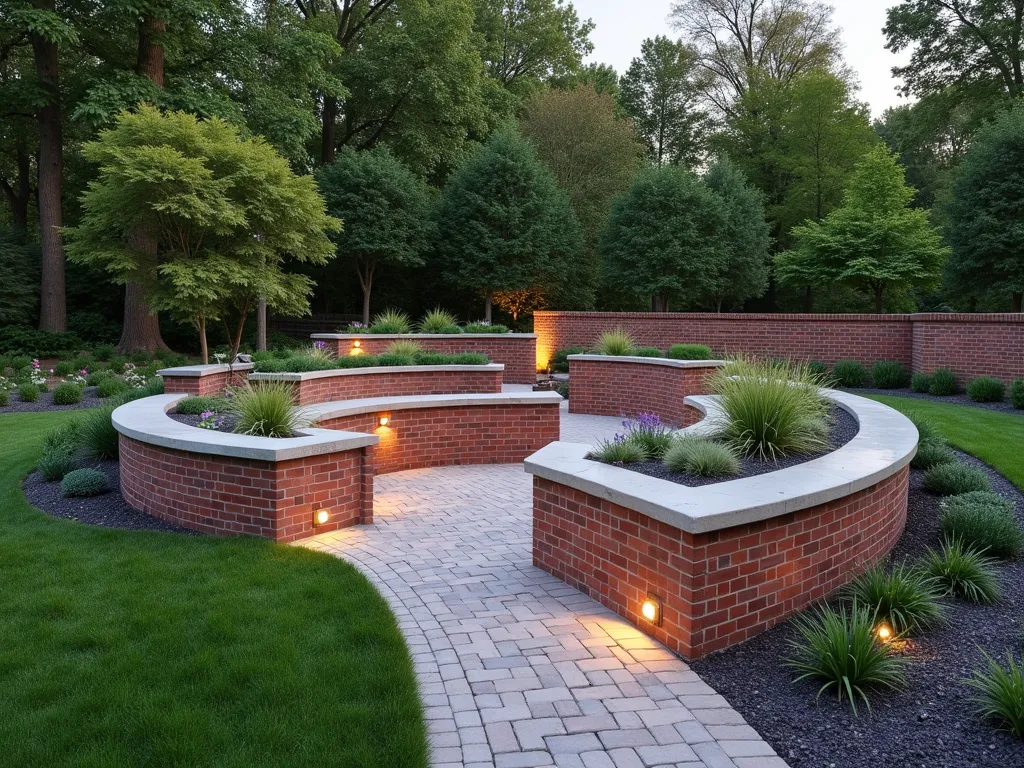 Curved Brick Garden Seating Wall with Landscaping - A beautifully curved serpentine brick wall in a garden setting, featuring a wide limestone coping perfect for seating. The wall gracefully winds through lush landscaping, creating intimate conversation nooks enhanced by ornamental grasses and flowering perennials. Soft evening lighting illuminates the wall while mature trees provide a natural backdrop. The brick work features a classic running bond pattern in warm terra cotta tones, complemented by carefully manicured lawn spaces and decorative gravel pathways. Small LED lights are embedded in the wall's base, creating a magical atmosphere at dusk.