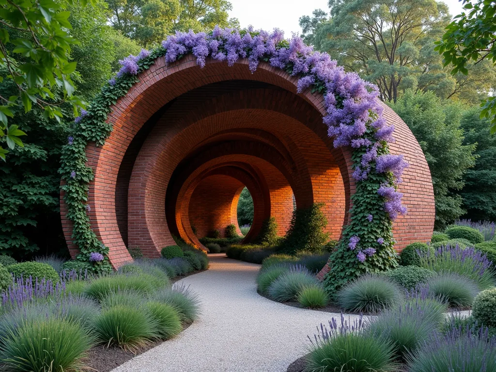 Elegant Spiral Brick Garden Wall - A mesmerizing spiral brick wall in a garden setting, crafted from warm red clay bricks in a perfect nautilus curve, standing 6 feet tall at its highest point. The wall gracefully winds inward, creating intimate garden spaces within its curves. Lush English ivy cascades over sections of the wall, while purple wisteria drapes elegantly from the top. The spiral is surrounded by a thoughtfully designed garden featuring lavender plants and ornamental grasses. Soft evening lighting highlights the wall's architectural details, casting dramatic shadows that emphasize its sculptural quality. A narrow gravel path follows the curve of the wall, leading to a hidden meditation space at its center.