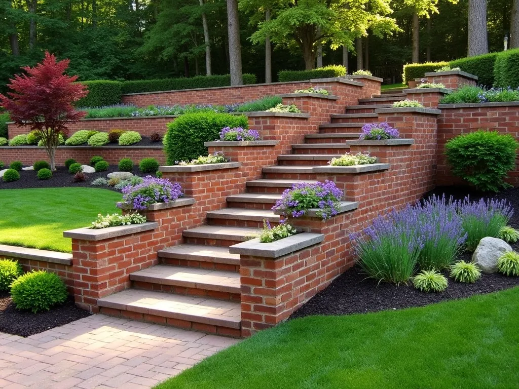 Elegant Stepped Brick Garden Wall with Cascading Plants - A professionally landscaped garden featuring a elegant stepped brick wall that gracefully descends along a natural slope, with each level stepping down approximately 2 feet. The wall is crafted from warm terra cotta colored bricks in a classic running bond pattern. Small integrated planters built into the wall's steps overflow with cascading purple flowering clematis and trailing ivy. The upper level features a manicured lawn while the lower level showcases a colorful perennial garden with lavender and ornamental grasses. Natural stone steps are incorporated alongside the wall, creating an inviting pathway. Late afternoon sunlight casts gentle shadows across the textured brick surface, highlighting its architectural detail. A mature Japanese maple provides a striking focal point at one end of the wall.