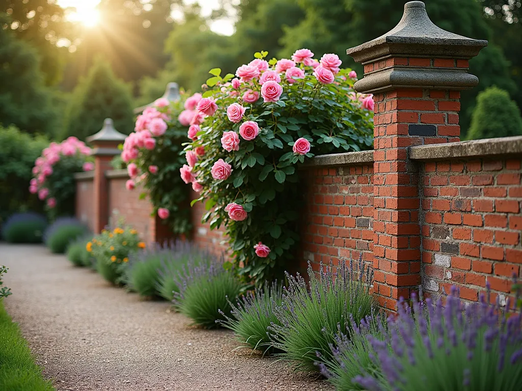 Traditional English Garden Brick Wall with Climbing Roses - A weathered red brick garden wall with ornate stone caps and classic pilasters, photographed in warm evening light. Beautiful climbing pink David Austin roses cascade over the wall, with some reaching the decorative brick pillars. The wall features traditional English bond brickwork with subtle moss and aged patina. A neat gravel path runs alongside, bordered by lavender and cottage garden perennials. The scene captures the romantic, timeless essence of an English country garden, with the brick wall as its elegant backbone. Photorealistic, highly detailed, architectural photography style.