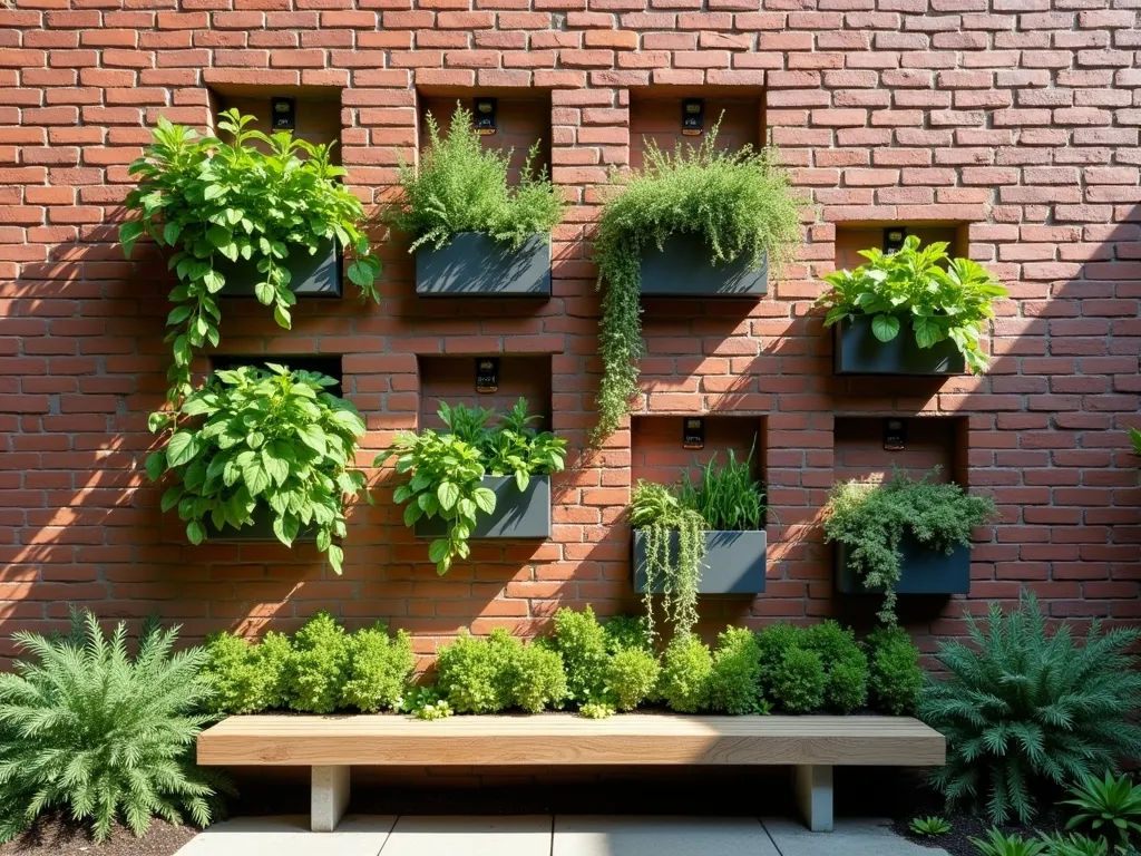 Modern Vertical Herb Garden Brick Wall - A stylish modern brick wall with integrated herb planting pockets, showcasing cascading fresh herbs in various shades of green. The wall features neatly arranged rectangular openings filled with thriving basil, thyme, rosemary, and sage. Soft afternoon sunlight casts gentle shadows across the textured red brick surface, highlighting the architectural details. Small copper plant markers identify each herb variety. The design includes built-in irrigation systems with subtle drip lines, and some herbs gracefully spill over the edges of their planted spaces. The base of the wall features a small seating area with a wooden bench, creating an inviting garden sanctuary.