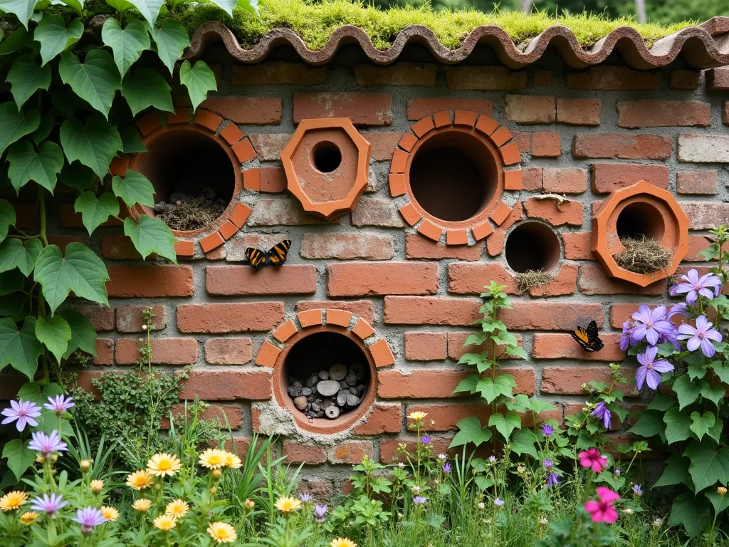 Wildlife Haven Brick Wall Garden - A charming rustic brick garden wall with intentionally designed circular and hexagonal openings, featuring built-in terracotta bee houses and bird nesting holes. The wall is partially covered with climbing ivy and flowering clematis. Small native wildflowers grow at its base, while mason bees and butterflies hover near the openings. Natural sunlight filters through the gaps, creating a warm, inviting atmosphere. The wall has a weathered, established look with moss patches, adding character and ecological value to a cottage-style garden setting.