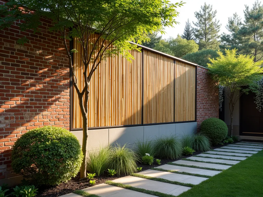 Zen Brick and Bamboo Garden Wall - A stunning modern Asian-inspired garden wall featuring alternating sections of weathered red brick and natural bamboo screening. The brick sections are clean and geometric, while tall bamboo panels create elegant shadows on the ground. Japanese maple and ornamental grasses soften the base, while climbing jasmine delicately drapes over portions of the wall. Gentle evening lighting casts dramatic shadows through the bamboo sections, creating an ethereal atmosphere. The wall is photographed from an angle that showcases both materials' textures and the interplay of light and shadow, architectural photography style, ultra-detailed, 4k