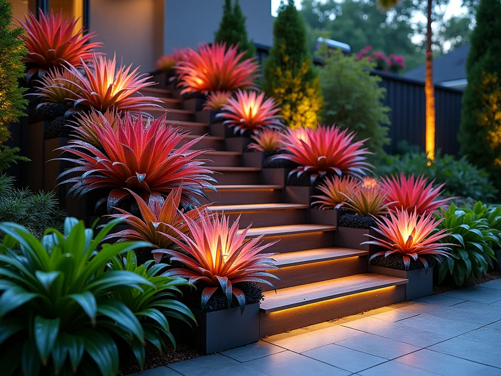 Cascading Bromeliad Terrace Garden - A stunning twilight photograph of a modern terraced garden display featuring cascading levels of colorful bromeliads. The wooden stepped structure rises elegantly against a contemporary garden wall, with dramatic landscape lighting illuminating each tier. Large, dramatic Alcantarea imperialis specimens anchor the bottom level with their silvery-green rosettes, transitioning to vibrant Neoregelia 'Fireball' in the middle tiers, and delicate Tillandsia varieties adorning the top levels. The composition creates a mesmerizing gradient from deep purples to bright reds and soft pinks. Shot with a wide-angle lens to capture the full sculptural effect, with golden hour lighting casting warm shadows across the theatrical display. Crystal-clear detail showing water droplets on the leaves, with a subtle bokeh effect in the background garden foliage.