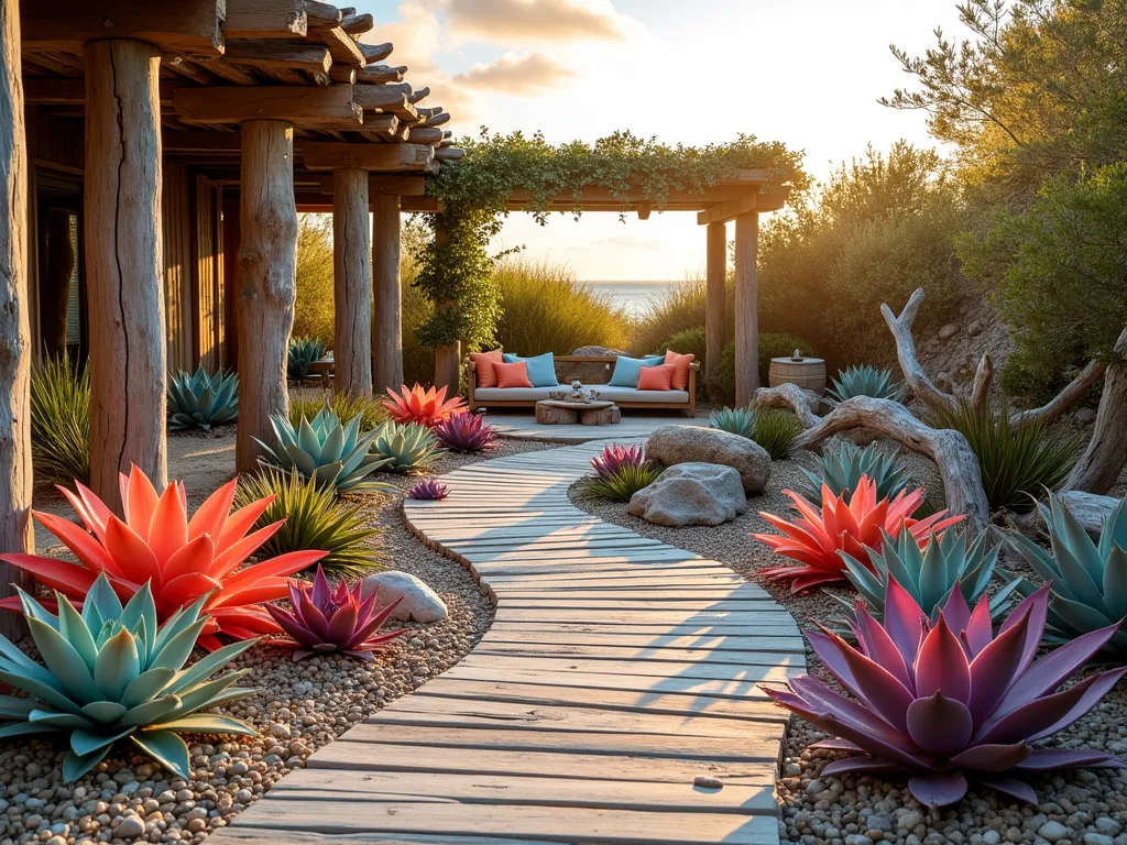 Coastal Bromeliad Sanctuary - A stunning coastal garden retreat at golden hour, featuring clusters of vibrant Aechmea and Neoregelia bromeliads nestled among weathered driftwood structures. The wide-angle shot captures a winding pathway made of bleached wooden planks, leading to a cozy seating area surrounded by sand-colored pebbles. Salt-resistant bromeliads in shades of coral, turquoise, and deep purple create a tropical oasis, while weathered coral pieces and seashells accent the garden beds. Natural beach grasses sway in the background, and a rustic pergola draped with climbing plants provides dappled shade. The warm evening light casts long shadows across the textured landscape, highlighting the architectural forms of the bromeliads and creating a serene coastal atmosphere. Shot with a DSLR camera, f/8 aperture, showcasing exceptional detail and depth.